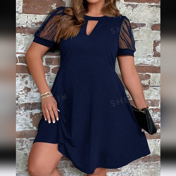 SHEIN Clasi Plus Keyhole Neckline Contrast Mesh Puff Sleeve Dress NWOT - Picture 2 of 11